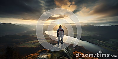 Awe Inspiring Heights, Man Standing Atop a Breathtaking Landscape, Perfect for Motivational and Achievement Concepts Stock Photo