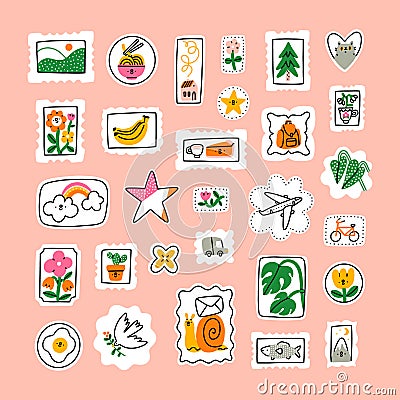 Awesome cartoon mail stamps collection, vector collection Vector Illustration