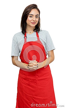 Awesome caucasian waitress with red apron Stock Photo