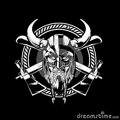 AWESOME DESIGN ANGRY VIKING WARRIOR HEAD WITH AXE BLACK AND WHITE VECTOR Vector Illustration