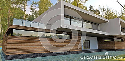 Awesome house with wooden and white bricks finishing. Yellow leaves trees reflect on the windows. 3d render. Stock Photo