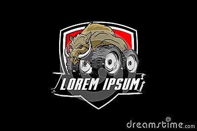 Hog with off-road tires cartoon badge logo vector template Vector Illustration