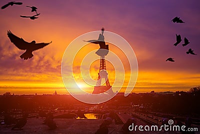 Awesome incredible pink-orange-lilac sunrise. View of the Eiffel Editorial Stock Photo
