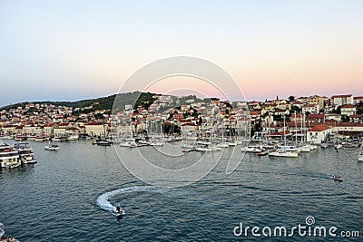 An awesome and interesting full view of the town of Trogir, outside of Split, Croatia on a beautiful summer evening. Editorial Stock Photo