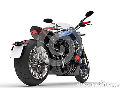 Awesome metallic blue modern chopper motorcycle - rear wheel closeup shot Stock Photo