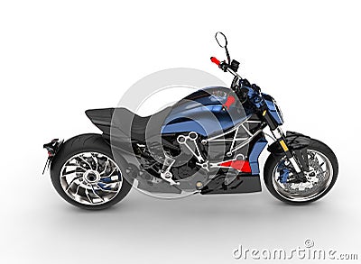 Awesome metallic blue modern chopper motorcycle - top down side view Stock Photo
