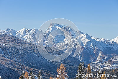 Awesome Mount Marmolada winter panorama in a sunny day, Dolomites, Italy Stock Photo