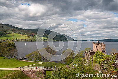Awesome panorama of Loch Ness and the ruins of Urquhart Castle Stock Photo