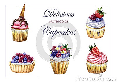 An awesome set of cute watercolor cupcakes with whipped cream, butter cream and souffle decorated with chocolate, raspberries, Stock Photo