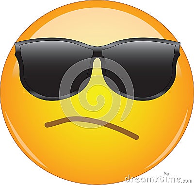 Awesome snobbish and arrogant emoji wearing sunglasses. Yellow face emoticon wearing shades and having small, intent frown as a Vector Illustration