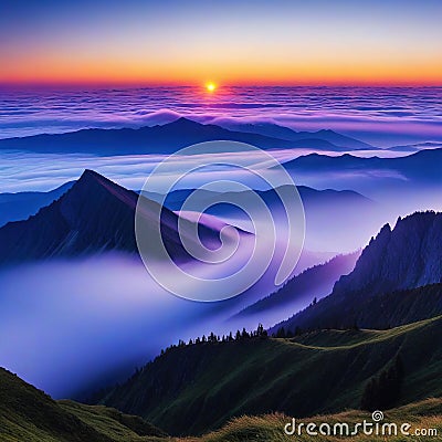 awesome sunset and mountain minimalist Splendid nature landscape during Stunning mountain scenery with picturesque Cartoon Illustration