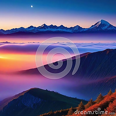 awesome sunset and mountain minimalist Splendid nature landscape during Stunning mountain scenery with picturesque Cartoon Illustration