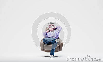 Awesome Travor sitting on an armchair and surfs the Internet. Highly detailed fashionable stylish abstract character. 3d Stock Photo