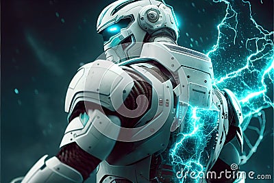 Awesome white cosmonaut robot, moving, cosmos background. ai generative Stock Photo