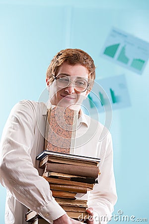 Awkward nerd, overloaded with knowledge Stock Photo