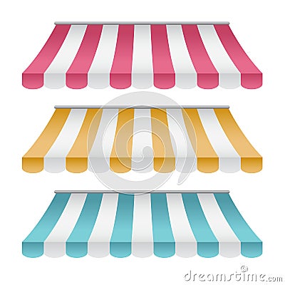 Set Of Striped Awnings with different colors : pink, yellow and blue Vector Illustration