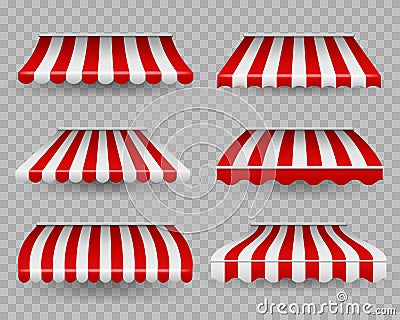 Awnings. Outdoor striped awning for cafe and shop windows of different forms, sunshade for restaurant, border tent Vector Illustration