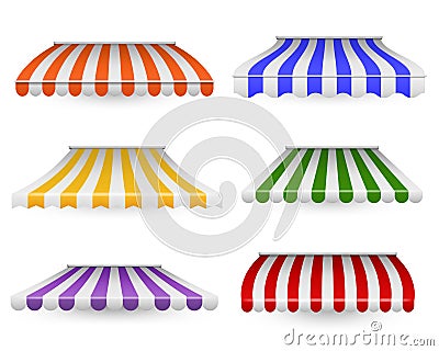 Awnings striped. Outdoor canopy colorful for shop, restaurants and market. Store window and roof decoration different Vector Illustration
