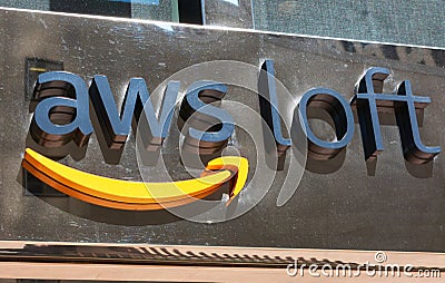 AWS Loft sign on the facade of Amazon office for AWS customers, startups and developers interested in learning more about AWS Editorial Stock Photo