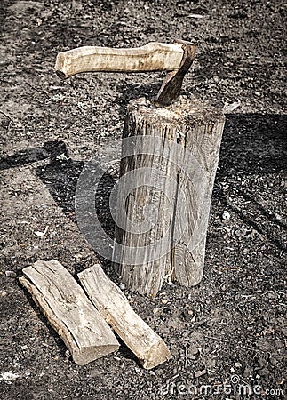 The ax in the beam Stock Photo