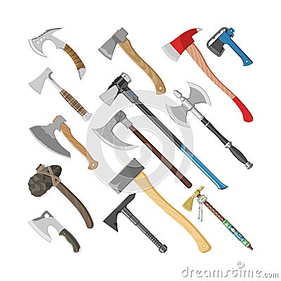 Ax vector metal axe equipment with wooden handle illustration set of hatchet with sharp blade for construction and Vector Illustration
