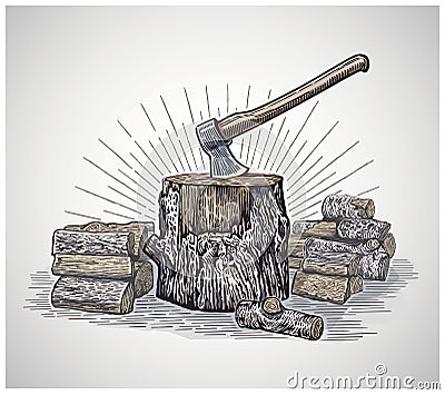 Ax in a wooden stump surrounded by chopped logs Vector Illustration