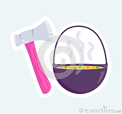 Axe and boiler pot for camping rest, touristic equipment. Vector Illustration