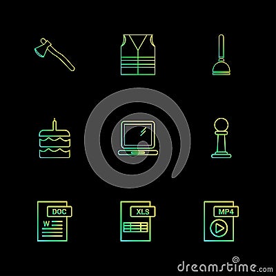 Axe , safety jacket , pump , cake , word document , laptop , mp4 file , pole ,excel file , 9 eps icons set vector Vector Illustration