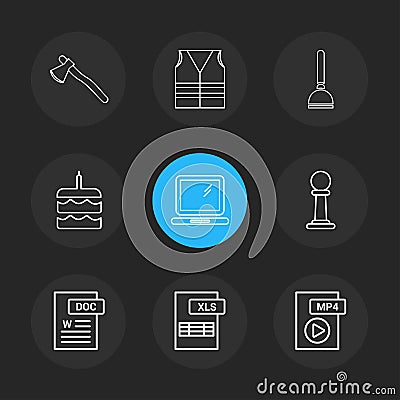 Axe , safety jacket , pump , cake , word document , laptop , mp4 file , pole ,excel file , 9 eps icons set vector Vector Illustration