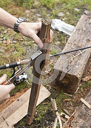 Axe Spliting Wood Stock Photo