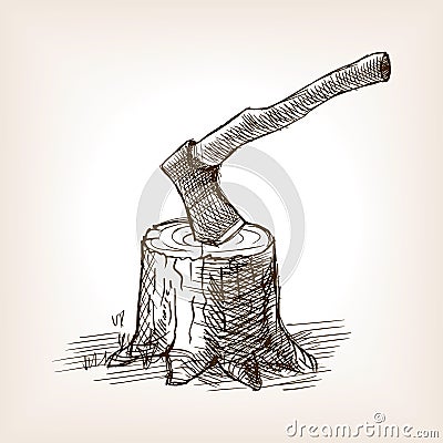 Axe in the stump hand drawn sketch style vector Vector Illustration