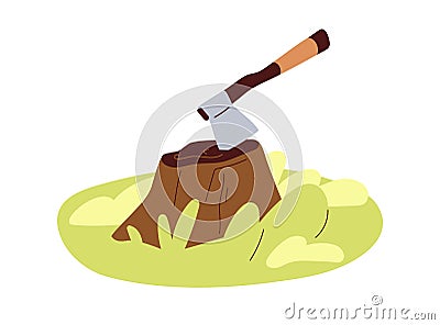 Axe in stump after tree cutting. Ax tool with sharp metal blade inside stub. Hatchet stuck in chopped wood trunk Vector Illustration