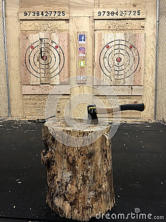 BURY THE HATCHET. Axe throwing Editorial Stock Photo