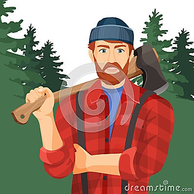 Axeman with axe in forest. Lumberman with element for woodworking Vector Illustration