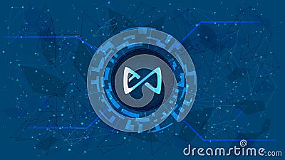 Axie Infinity AXS token symbol in digital circle with futuristic cryptocurrency theme on blue background. Vector Illustration