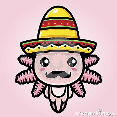 Axolotl animal cartoon character with a mustache wearing a Mexican hat Vector Illustration