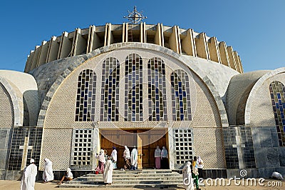 Pilgrims visit the new Cathedral of Our Lady Mary of Zion in Axum, Ethiopia. Editorial Stock Photo