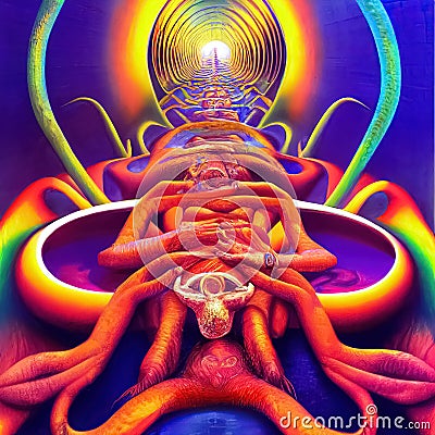 Ayahuasca experience, holistic healing, spiritual insight psychedelic vision surreal illustration Cartoon Illustration