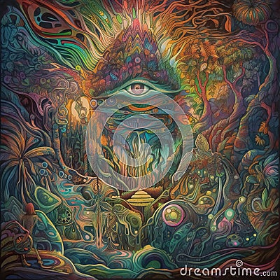 Ayahuasca experience, spiritual psychedelic hallucinations surreal illustration. Generative AI Cartoon Illustration