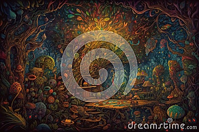 Ayahuasca experience, spiritual psychedelic hallucinations surreal illustration. Generative AI Cartoon Illustration