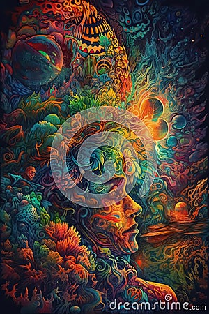 Ayahuasca experience, spiritual psychedelic hallucinations surreal illustration. Generative AI Cartoon Illustration