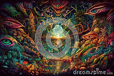 Ayahuasca experience, spiritual psychedelic hallucinations surreal illustration. Generative AI Cartoon Illustration