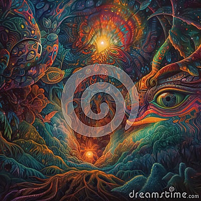 Ayahuasca experience, spiritual psychedelic hallucinations surreal illustration. Generative AI Cartoon Illustration