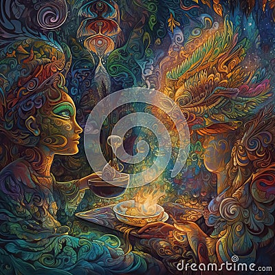 Ayahuasca experience, spiritual psychedelic hallucinations surreal illustration. Generative AI Cartoon Illustration