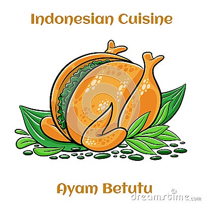 Ayam Betutu Indonesian food. Whole chicken filled with Balinese seasoning cassava leaves. Served with Sambal Matah and Roasted Vector Illustration