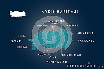 Aydin districts Germencik, incirliova, Kosk, Sultanhisar, Nazilli, Kuyucak, Buharkent, Karacasu, Bozdogan, Kusadasi map, Turkey Stock Photo