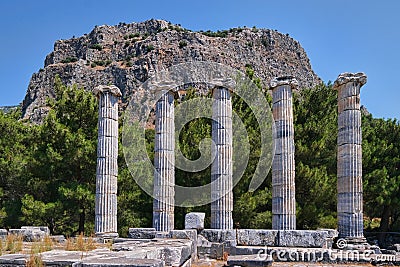 Ionic columns of the Temple of Athena Polias in the Ancient City of Priene Editorial Stock Photo