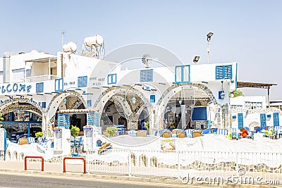 Ayia Napa, Cyprus, 02/02/2018: Greek-style restaurant in the resort town Editorial Stock Photo