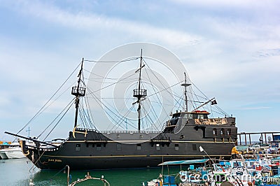 AYIA NAPA, CYPRUS - June 02, 2018: Pirate ship Black Pearl in the port of Ayia Napa, Cyprus. A copy of the ship from the movie Editorial Stock Photo