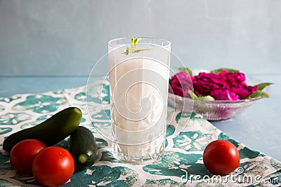 Ayran - liquid drink made from yogurt in ransparent glass cup Stock Photo